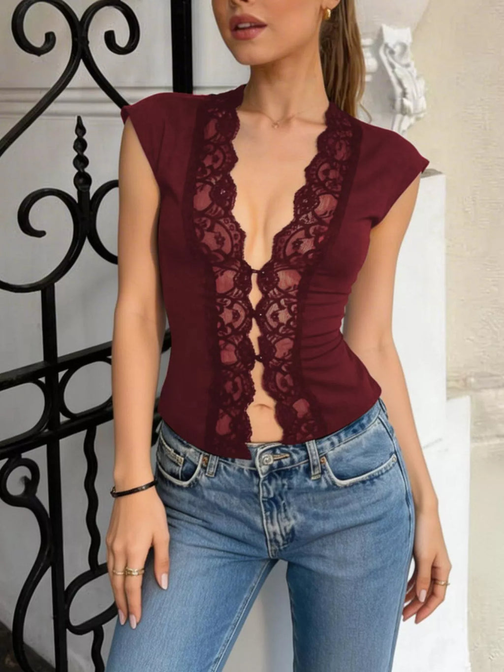 Lace Trim Button Front Vest