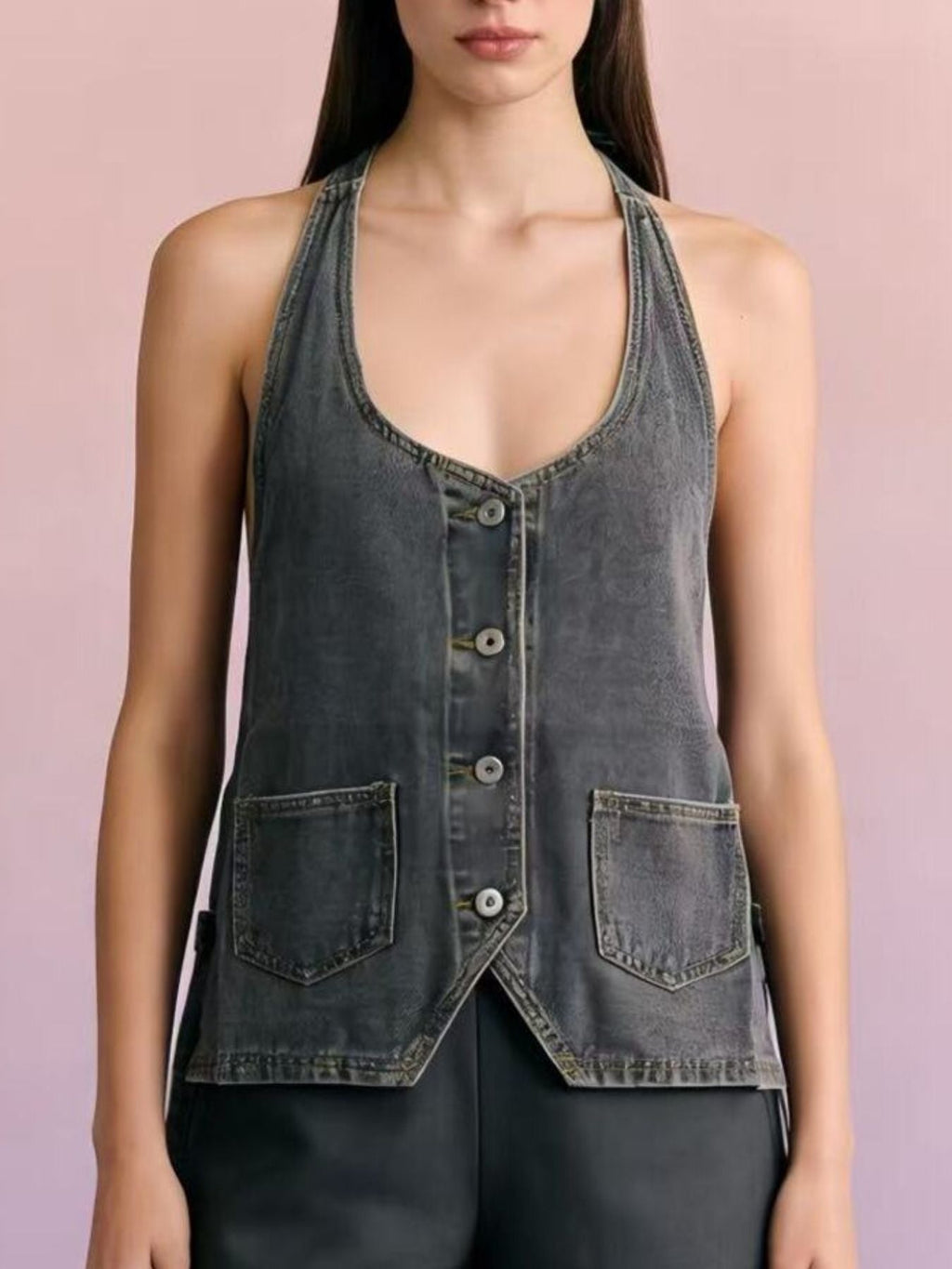 Halter Neck Button-Down Denim Vest