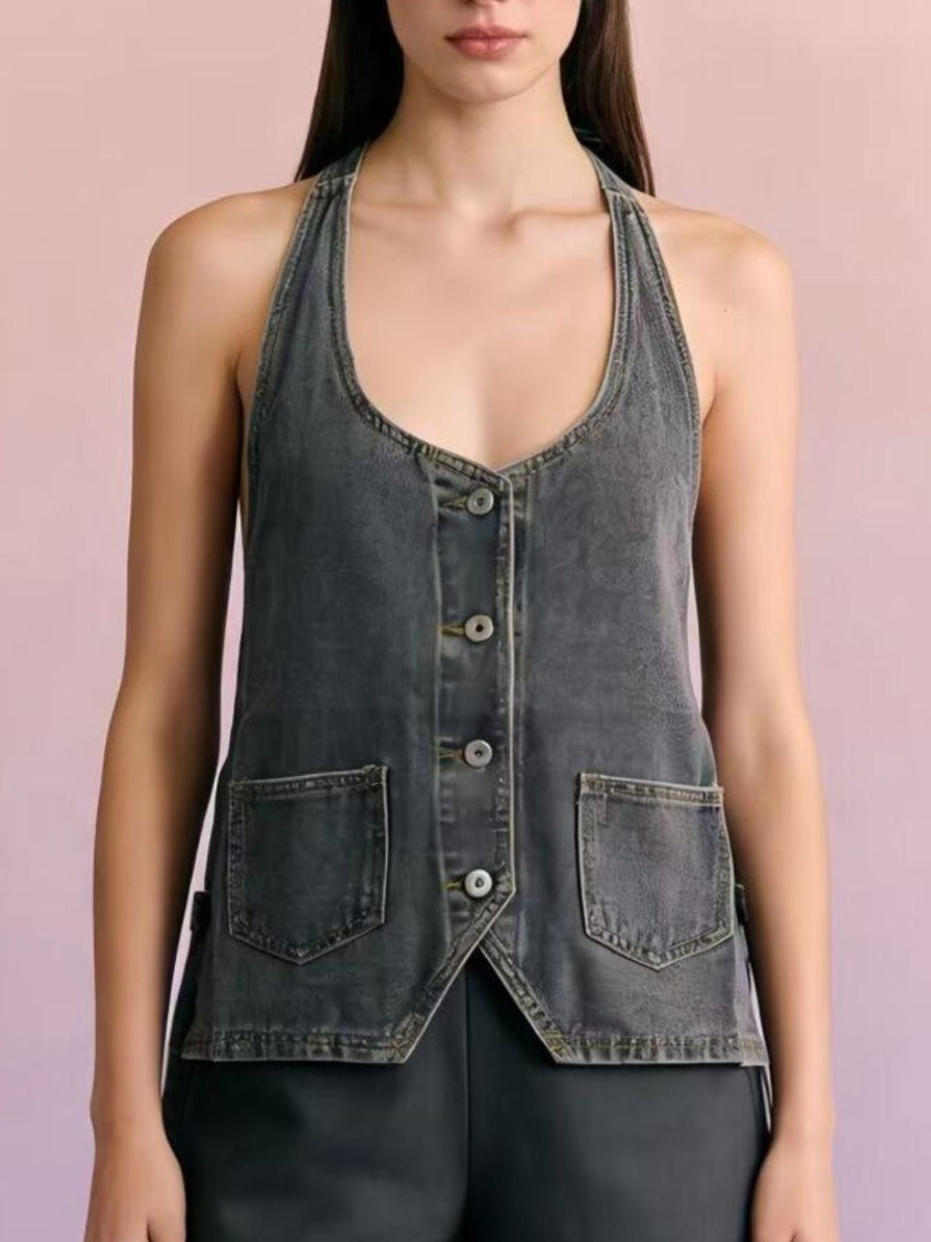 Halter Neck Button-Down Denim Vest