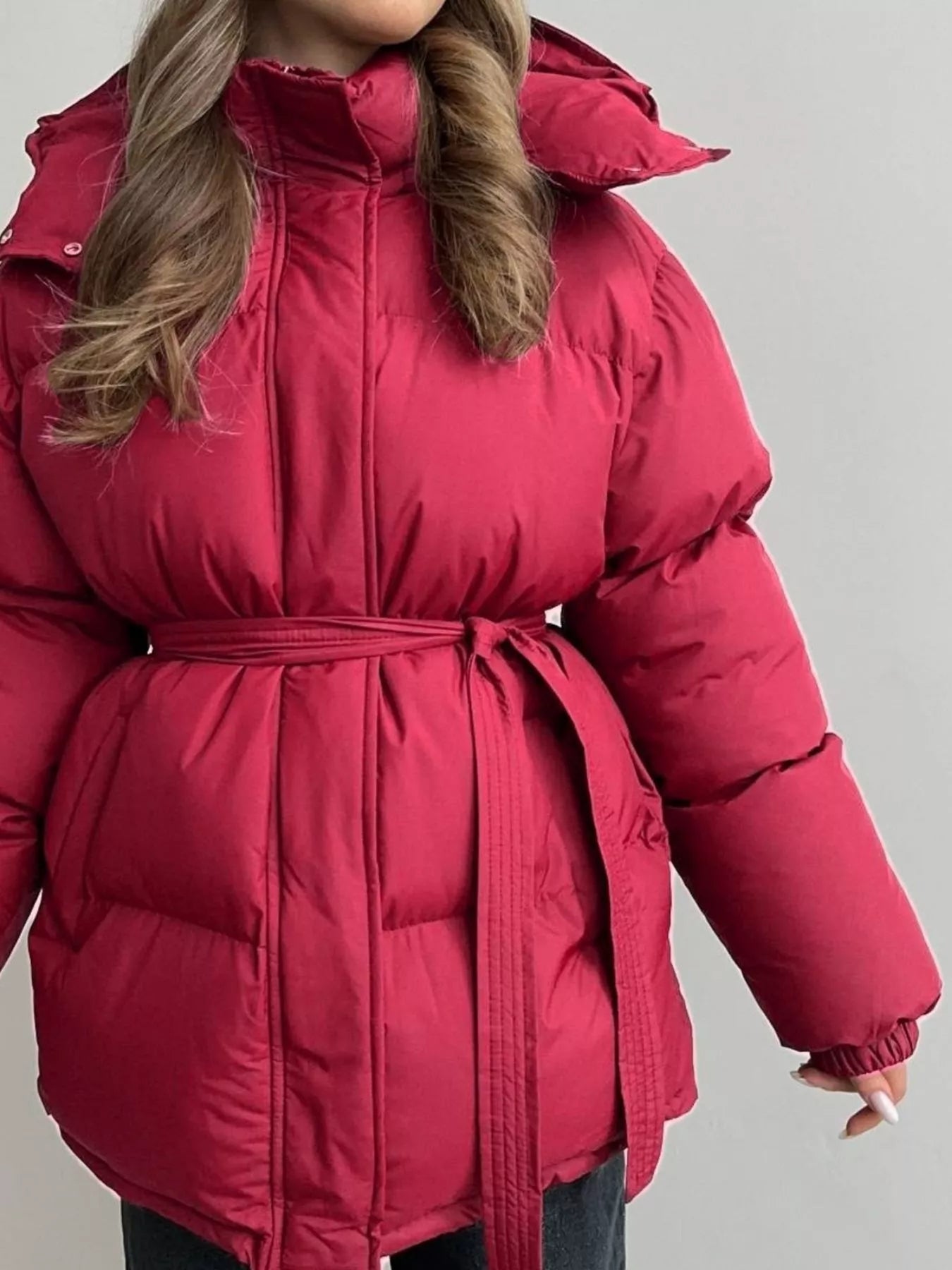 Mid-Length Thickened Hooded Winter Coat with Belted