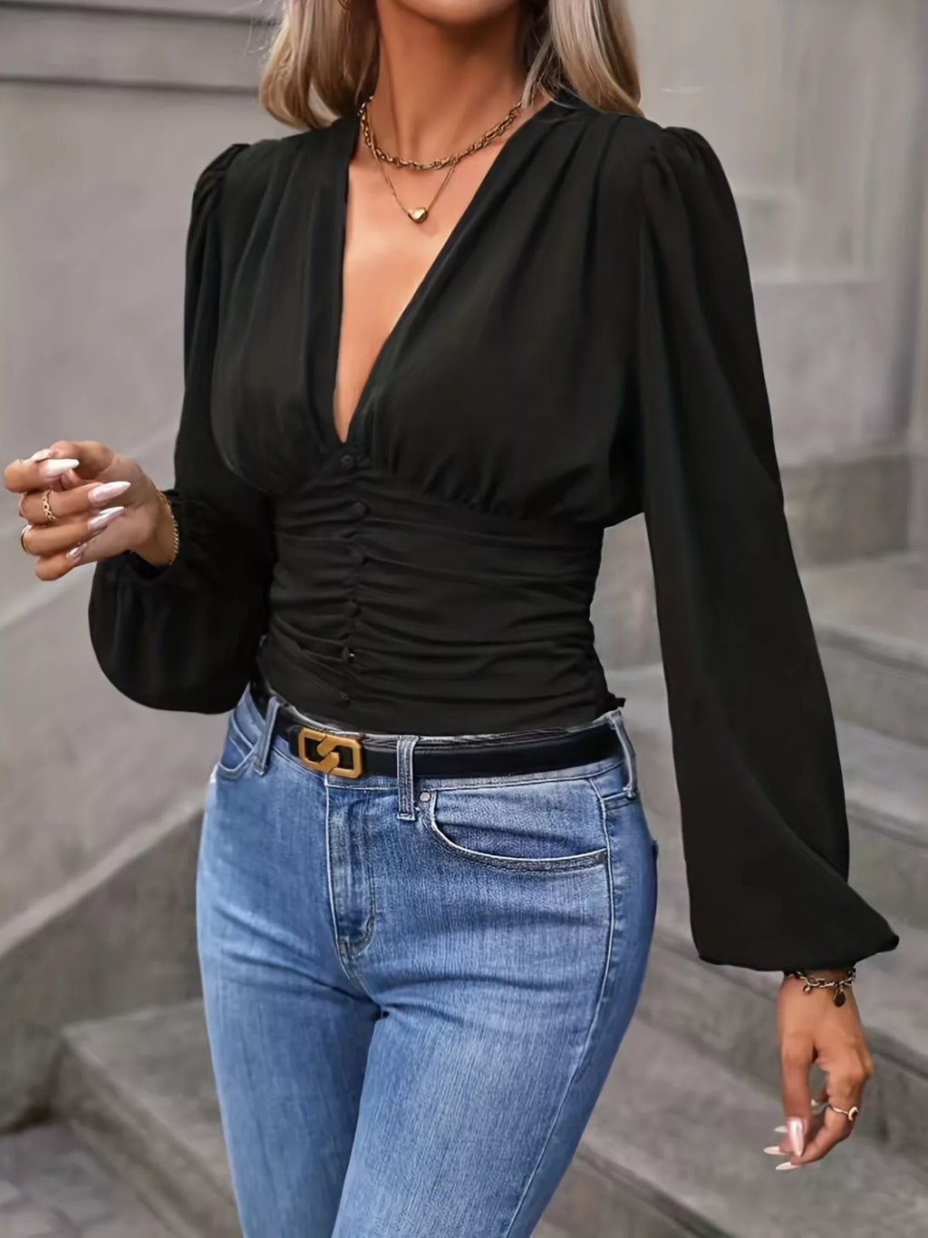 V-Neck Ruched Long Sleeve Blouse