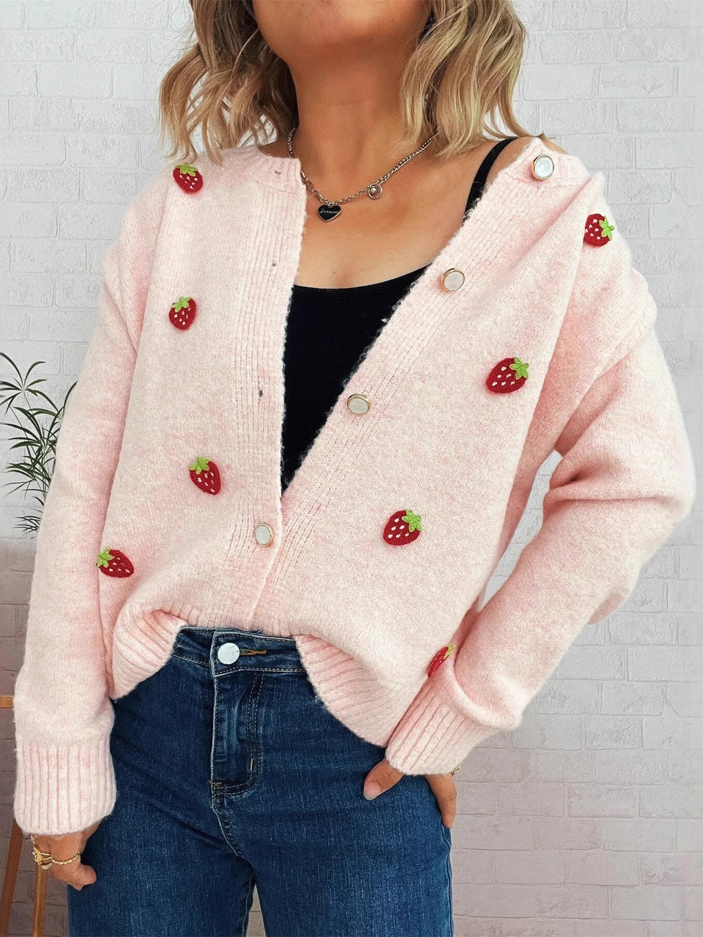 Strawberry Button Up Long Sleeve Cardigan