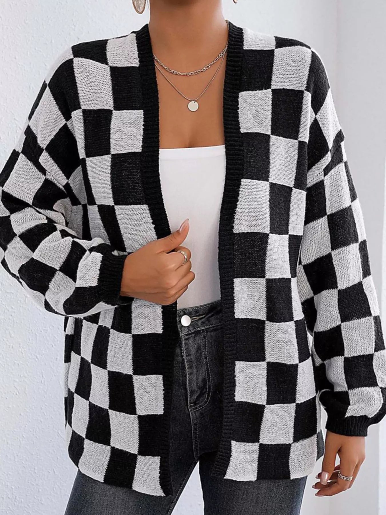 Checkerboard Pattern Open Front Knit Cardigan