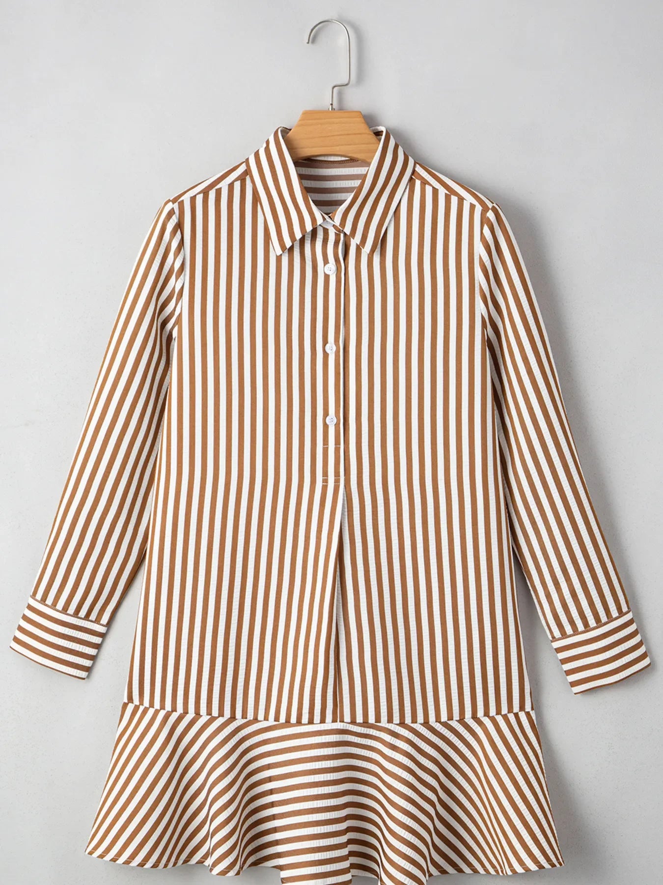 Stripe Ruffled Hem Collared Long Sleeve Shirt Mini Dress