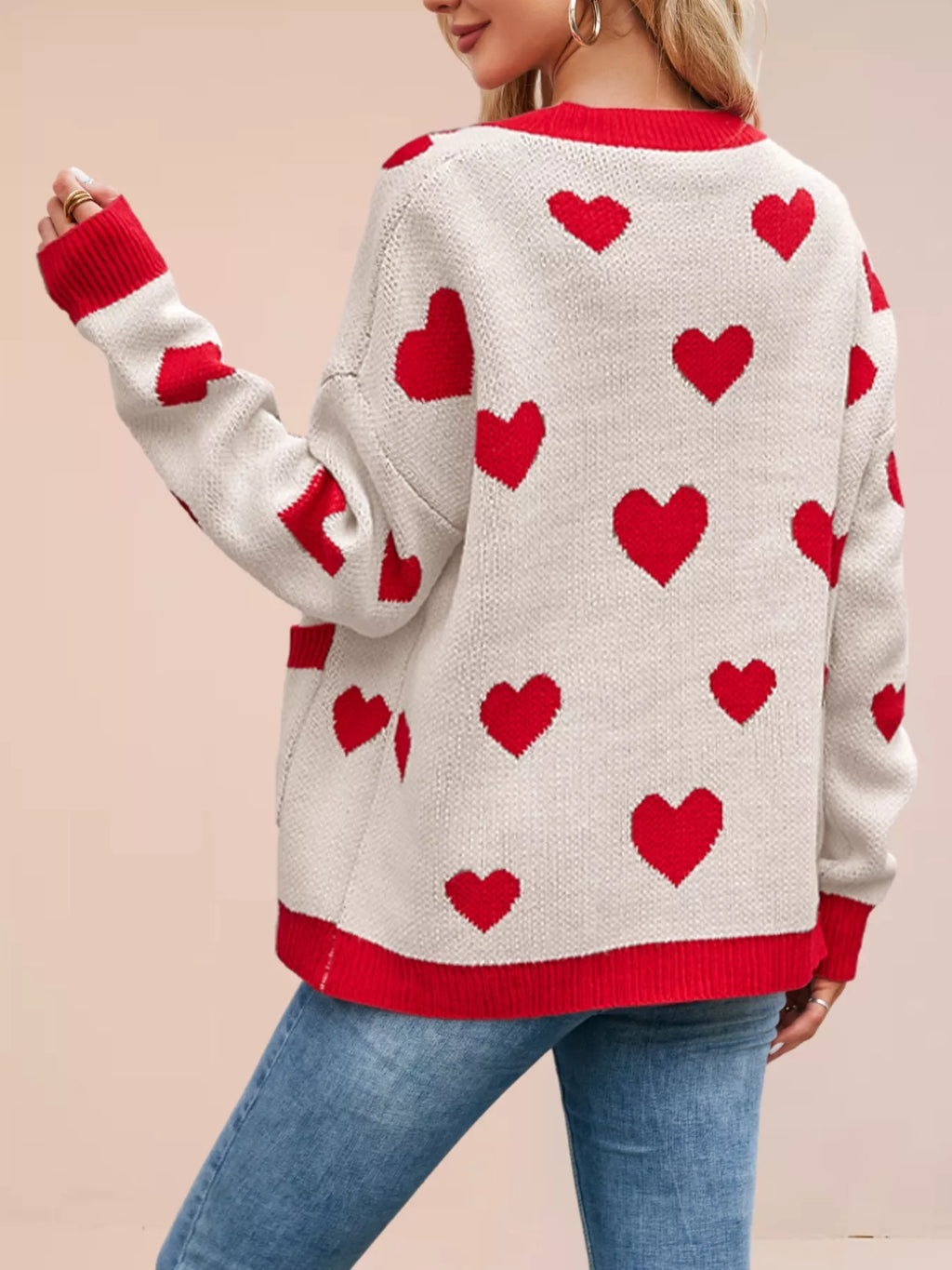 Heart Pattern Button-Up Knit Cardigan