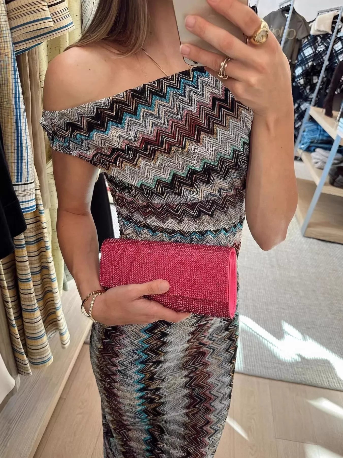 One-Shoulder Zigzag Knit Maxi Dress