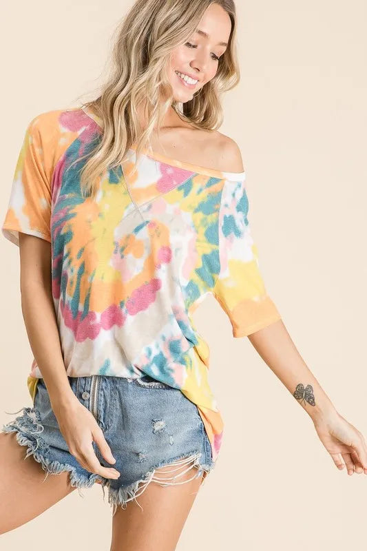 BiBi Tie Dye Print Short Sleeve T-Shirt with Raglan Sleeves