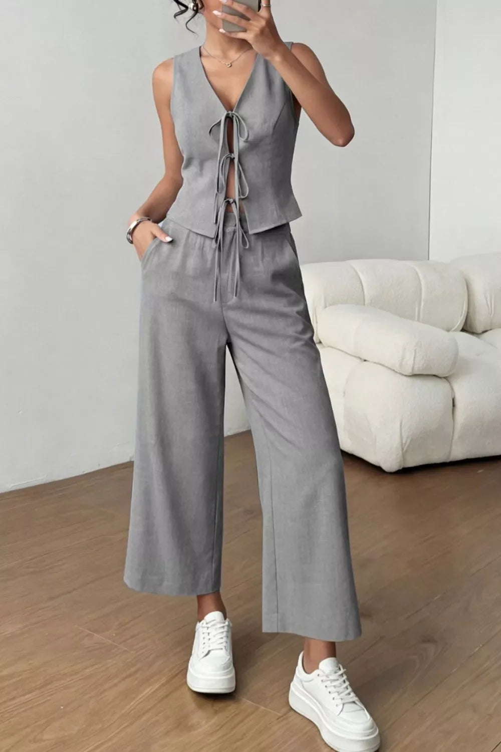 Tie Front Vest and Wide Leg Pants Set