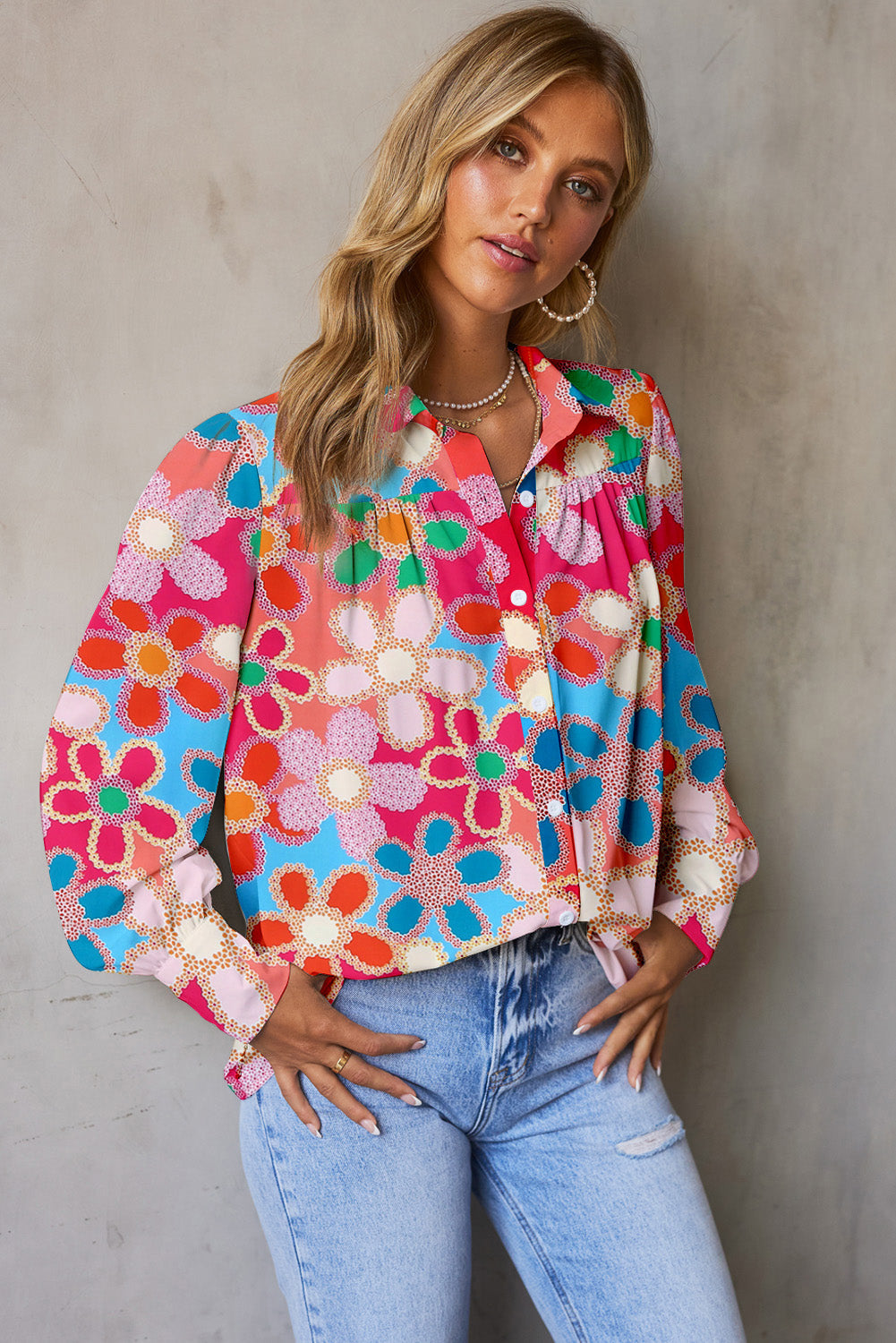Vibrant Floral Print Lantern Sleeve Button-Down Shirt