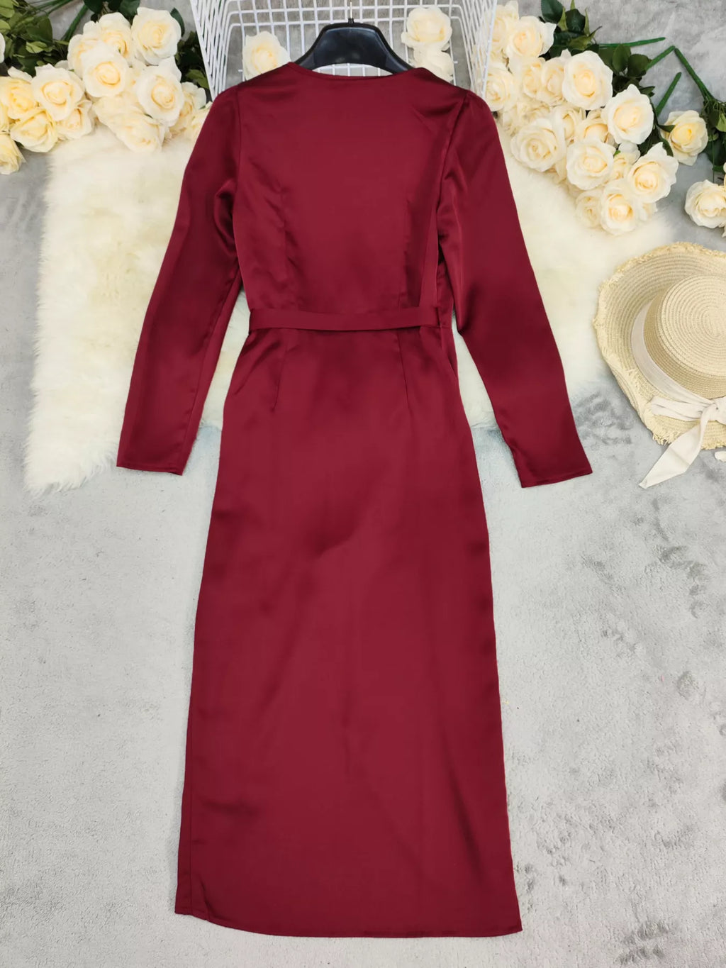 Surplice Satin Long Sleeve Dress