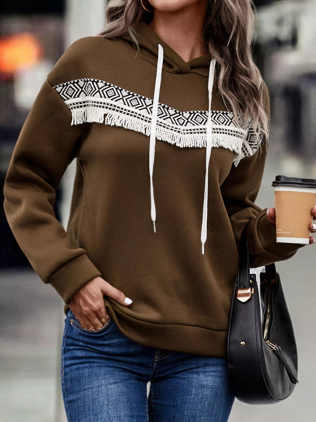 Fringe Detail Long Sleeve Drawstring Hoodie