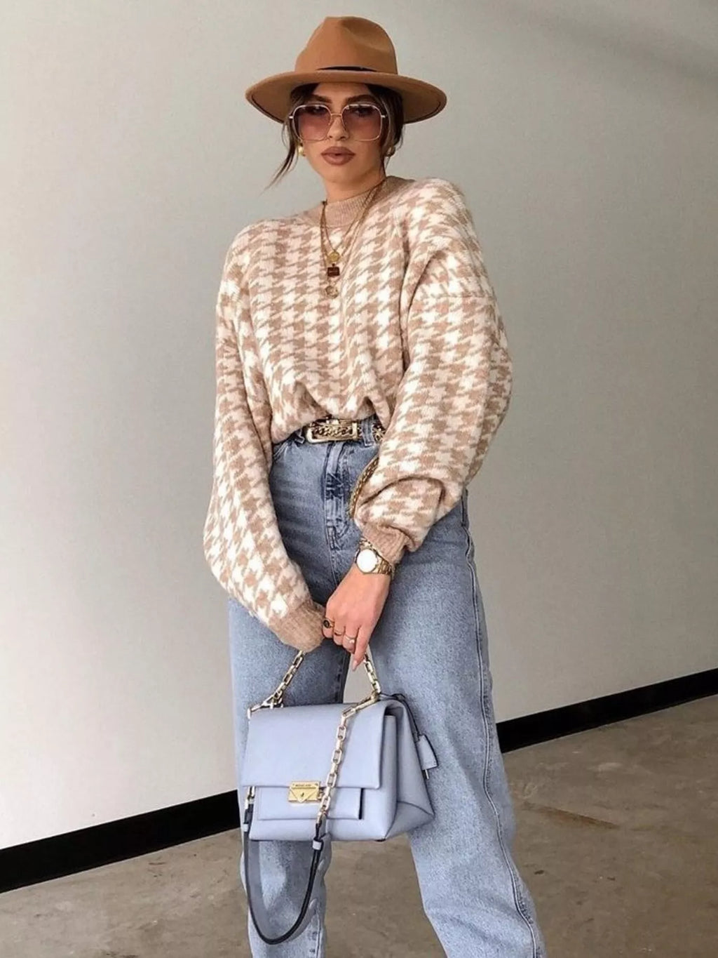 Full Size Houndstooth Pattern Oversized Sweater Plus Size
