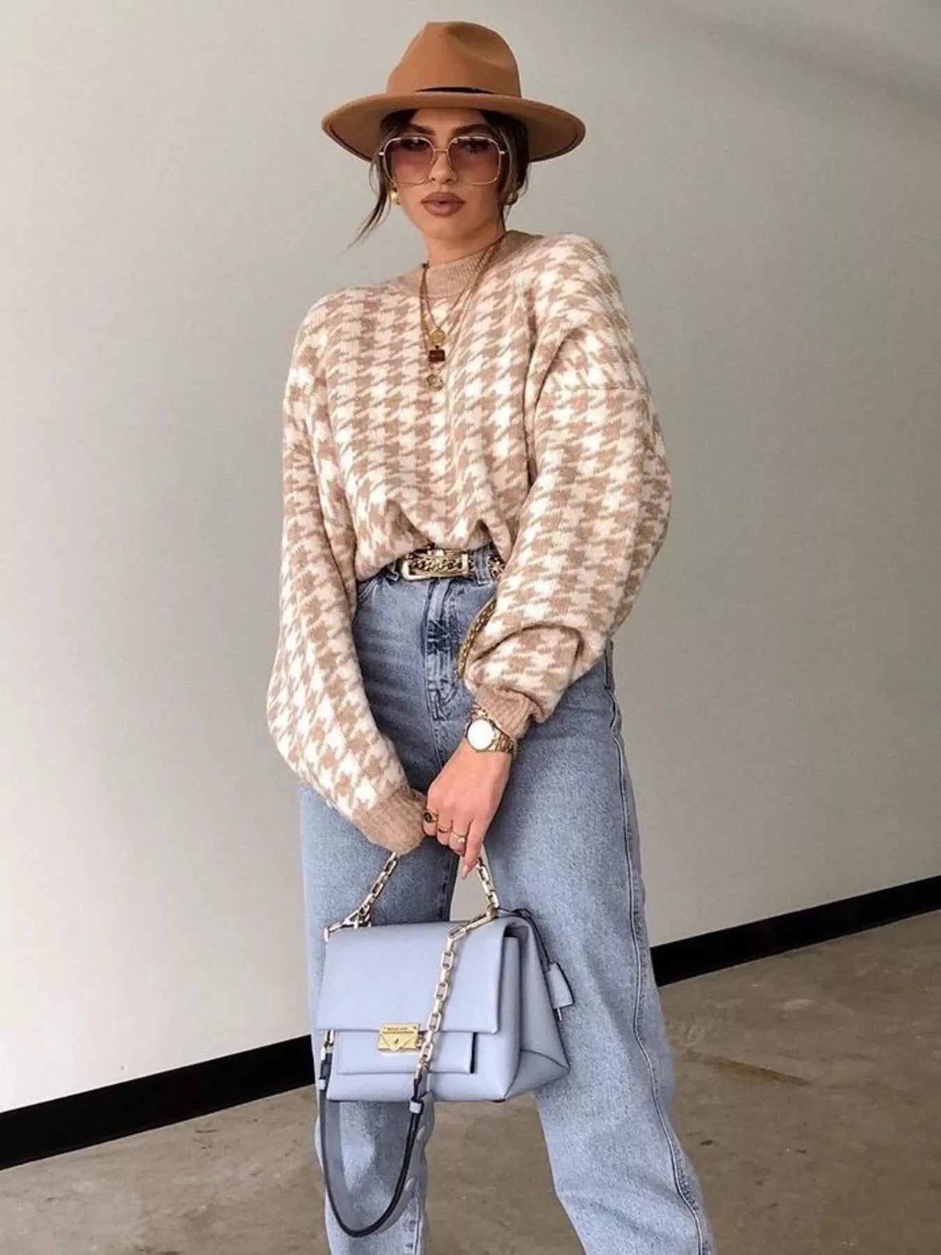 Full Size Houndstooth Pattern Oversized Sweater Plus Size
