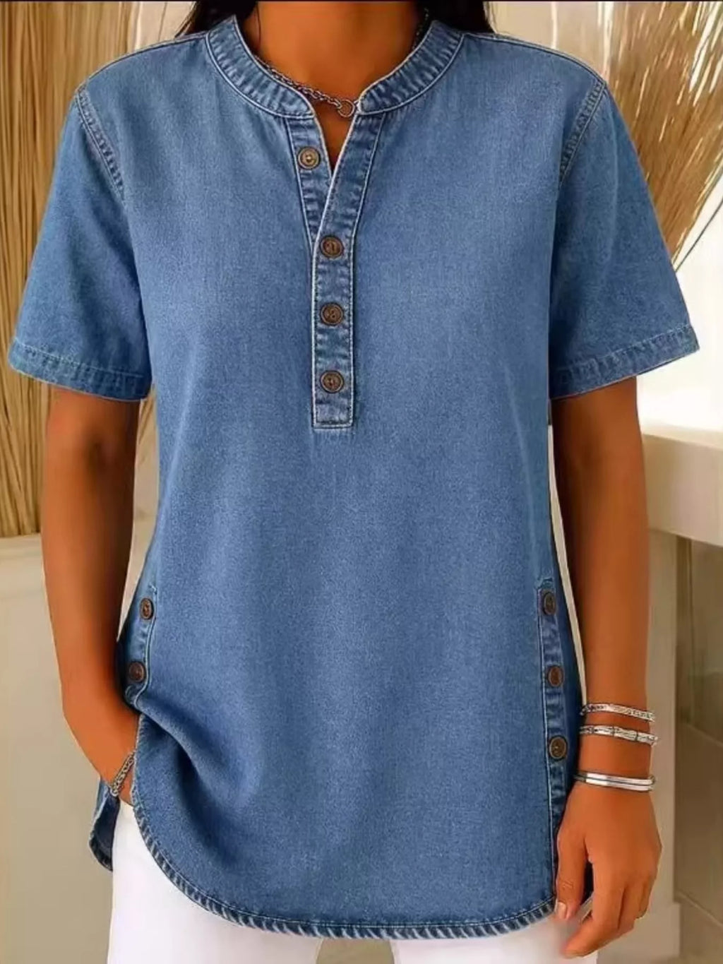 Full Size Button Detail Short Sleeve Blouse Plus Size