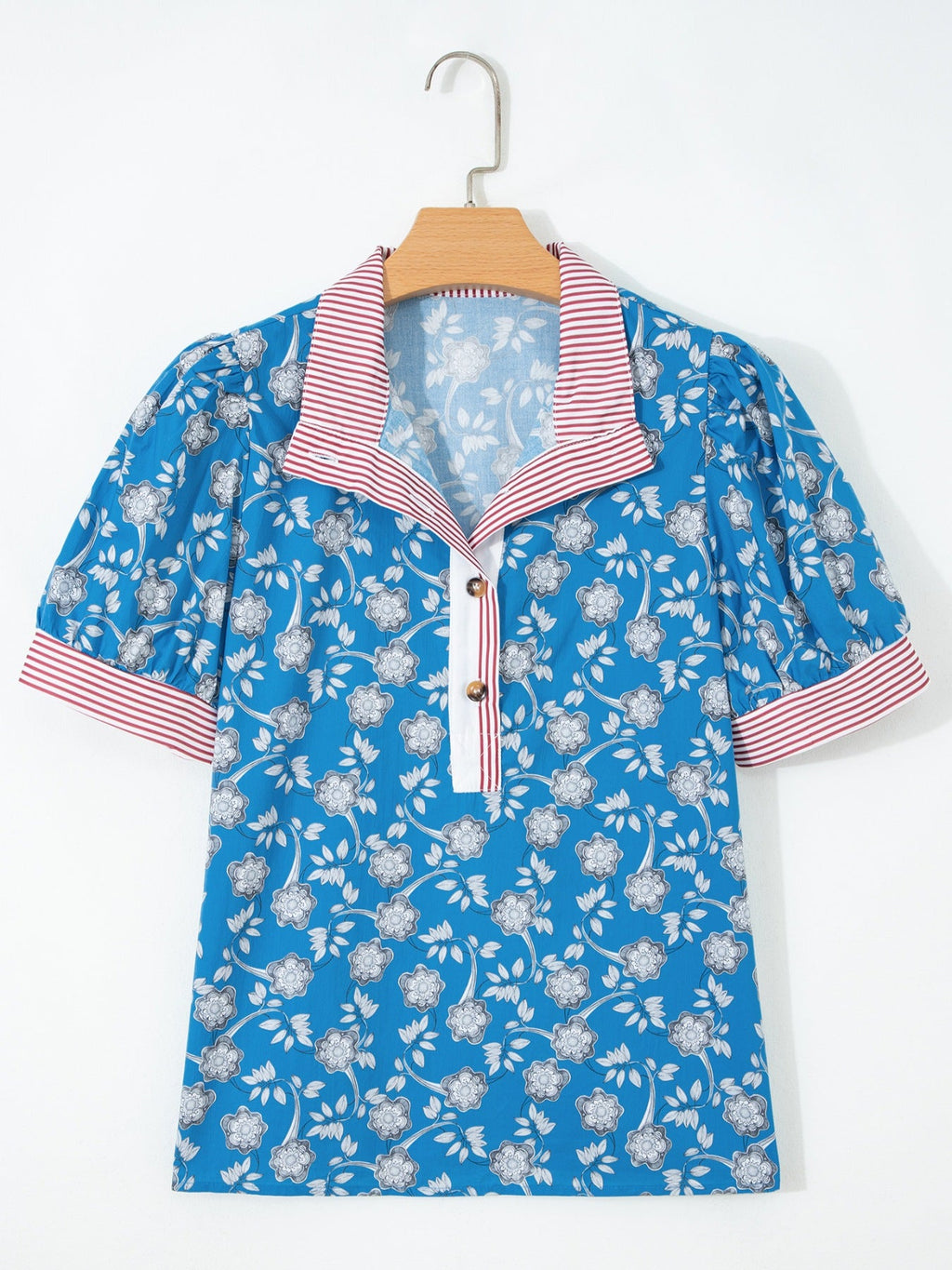 Floral Print Striped Trim Button Neck Short Sleeve Blouse
