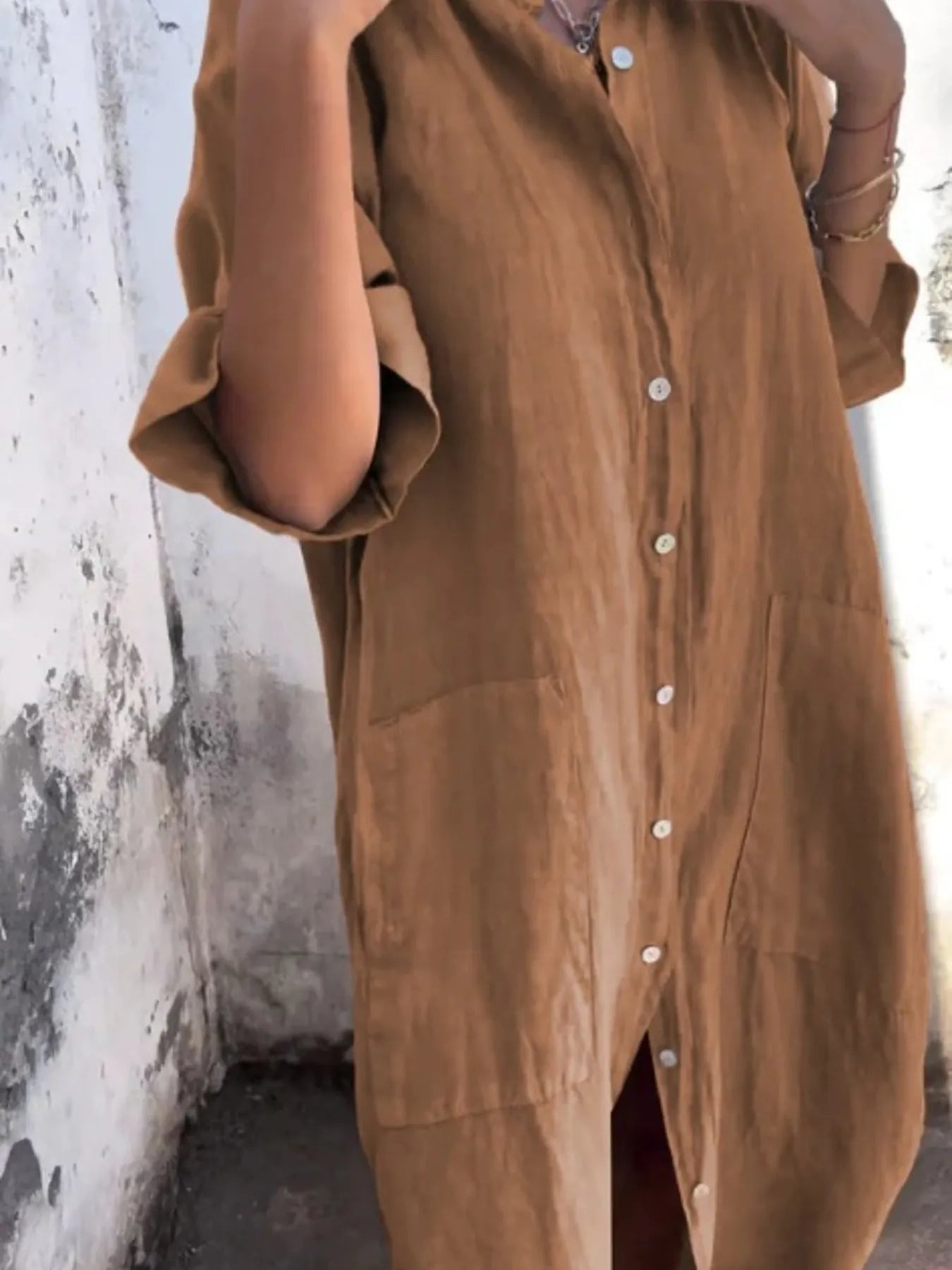 Full Size Casual Linen Button-Down Shirt Dress Plus Size