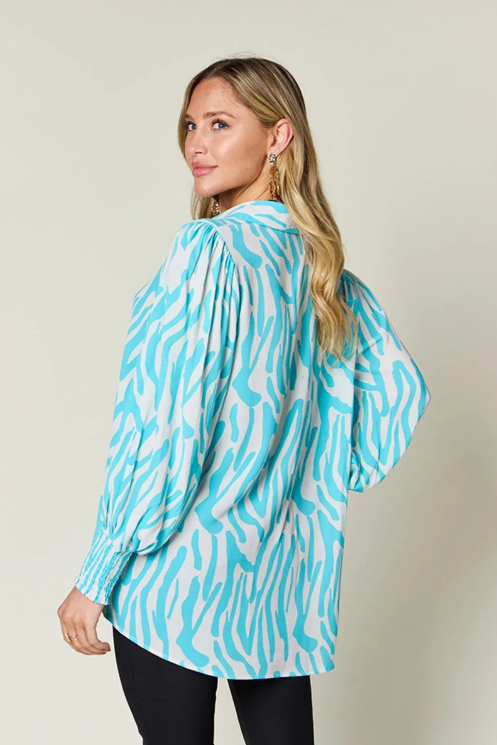Double Take Full Size Printed Smocked Long Sleeve Blouse Plus Size