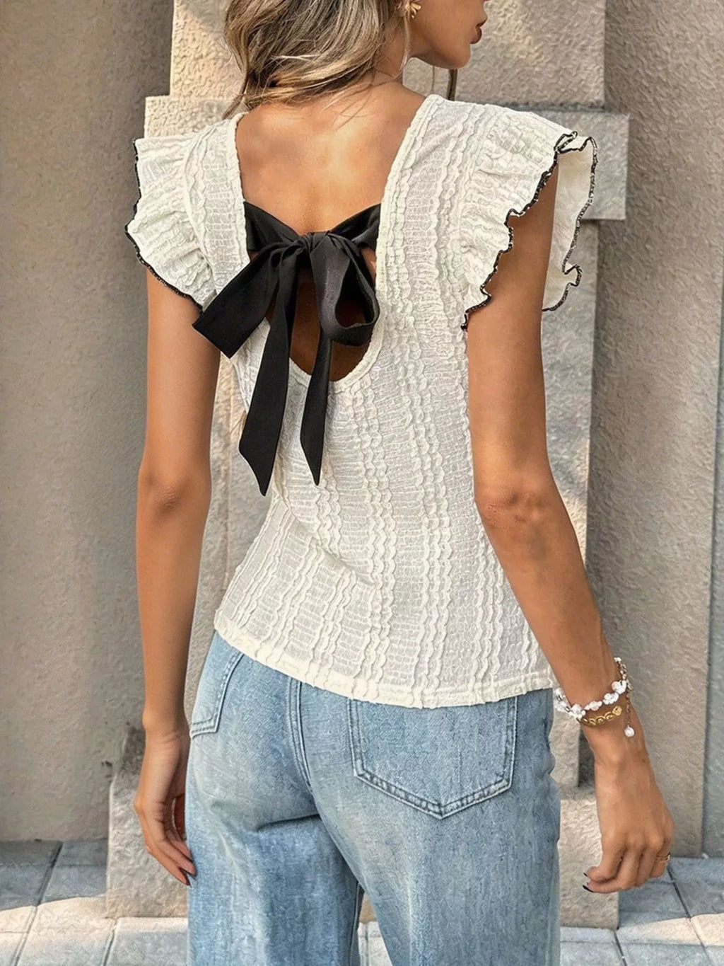 Textured Ruffle Sleeve Slim Fit Top