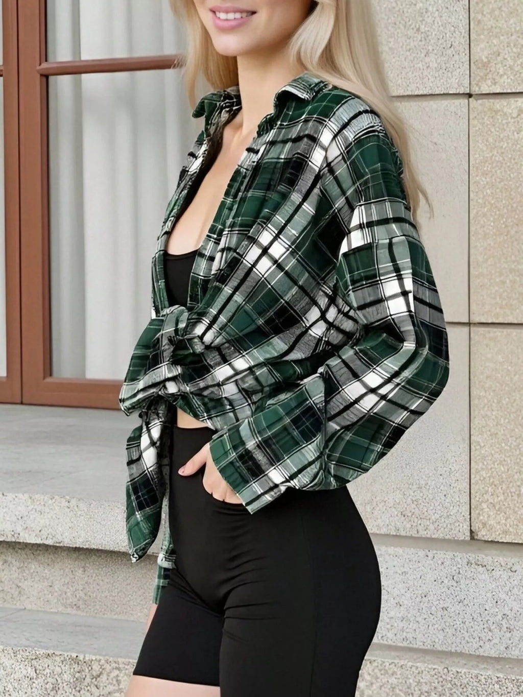 Plaid Collared Neck Long Sleeve Shirt
