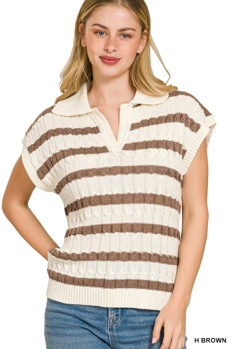 Zenana Textured Stripe Collared Sweater Vest