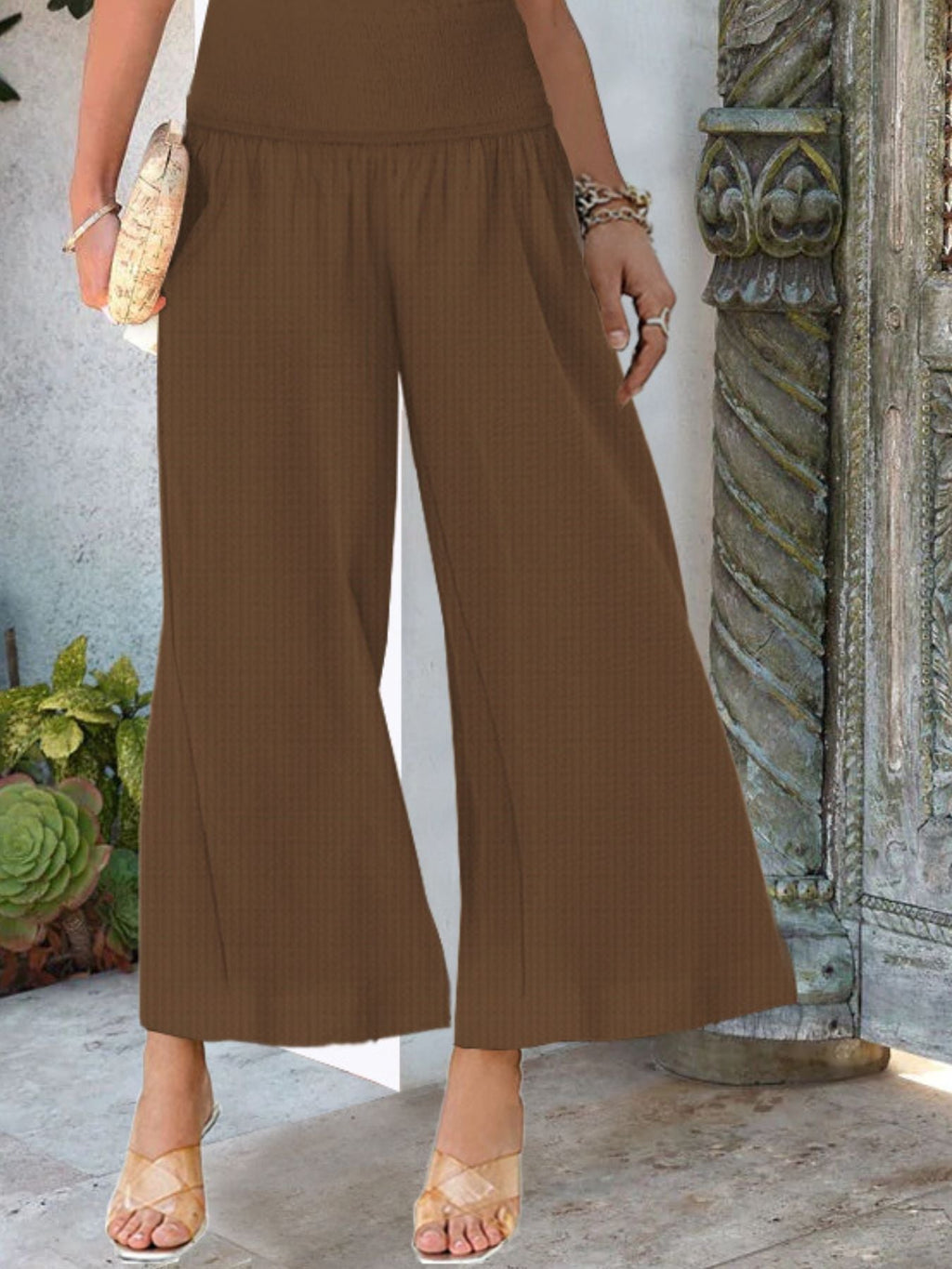 Wide-Leg Smocked Waist Pants