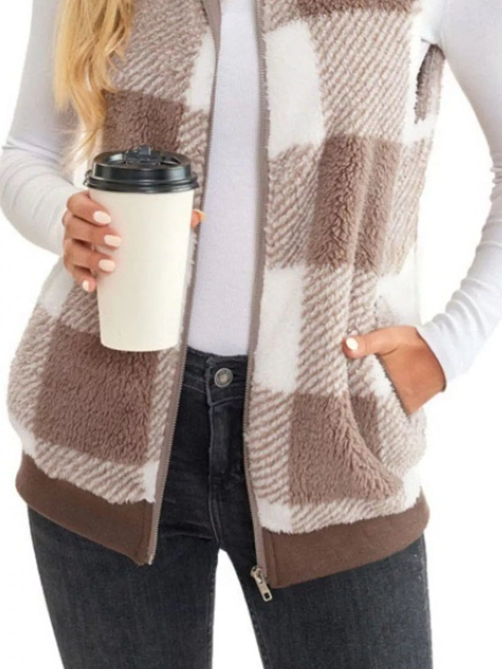 Full Size Color Block Zip Up Vest Coat Plus Size