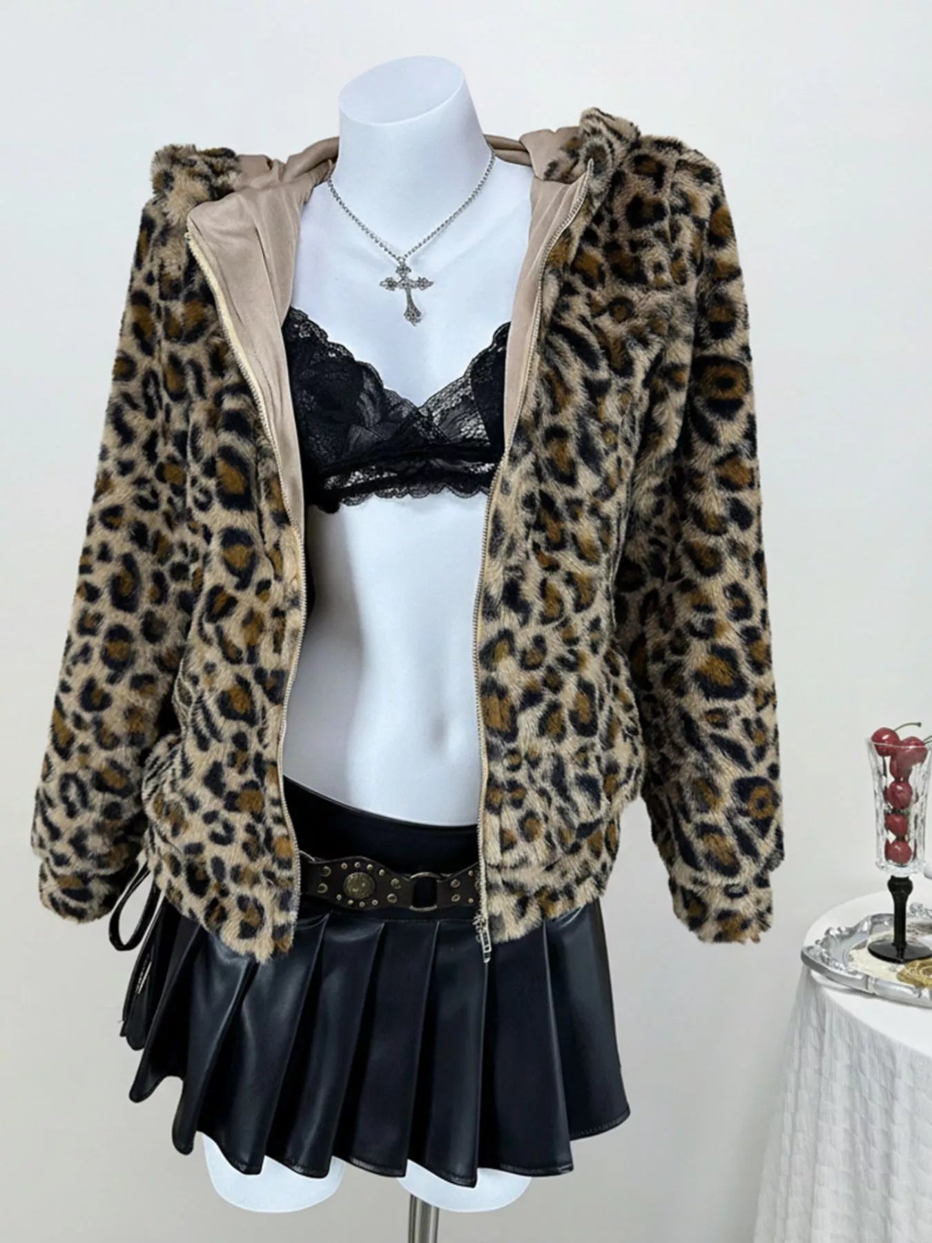 Leopard Plush Zip-Up Hooded Outerwear