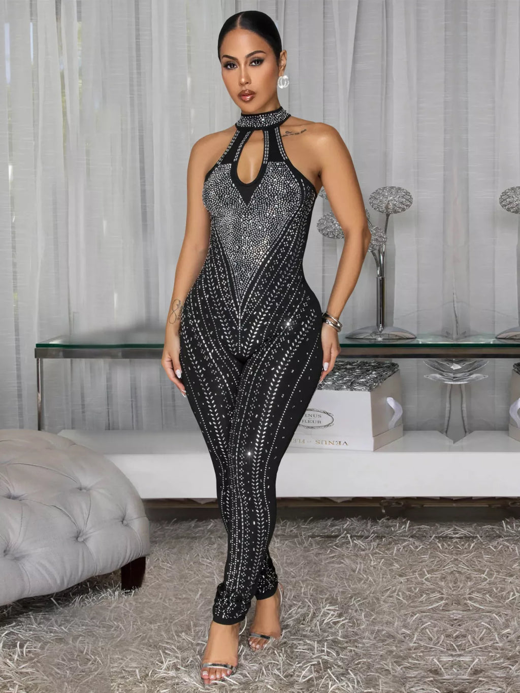 Sparkling Rhinestone Cutout Jumpsuit