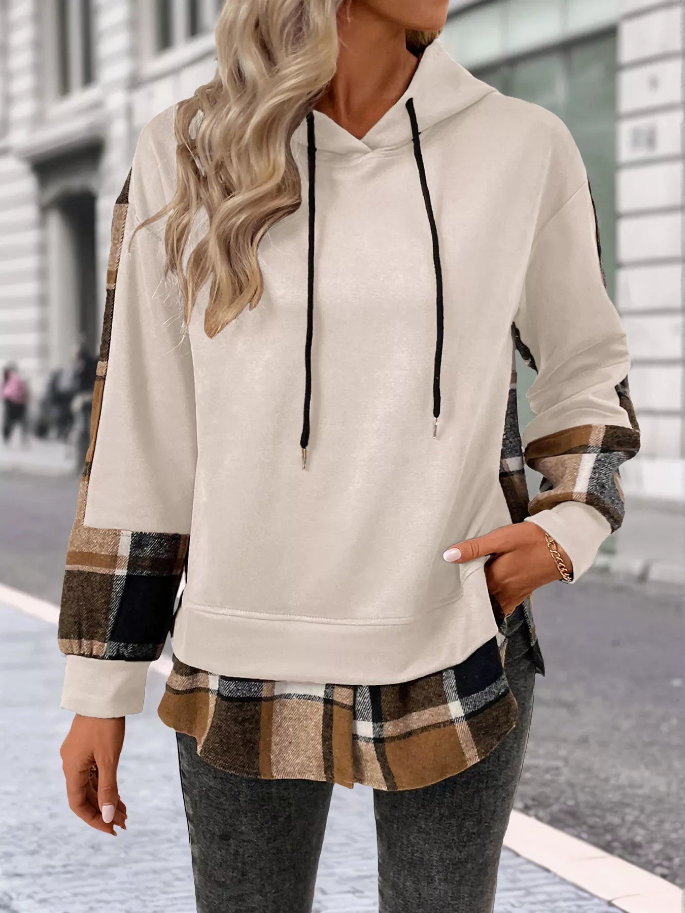 Plaid Drawstring Long Sleeve Hoodie