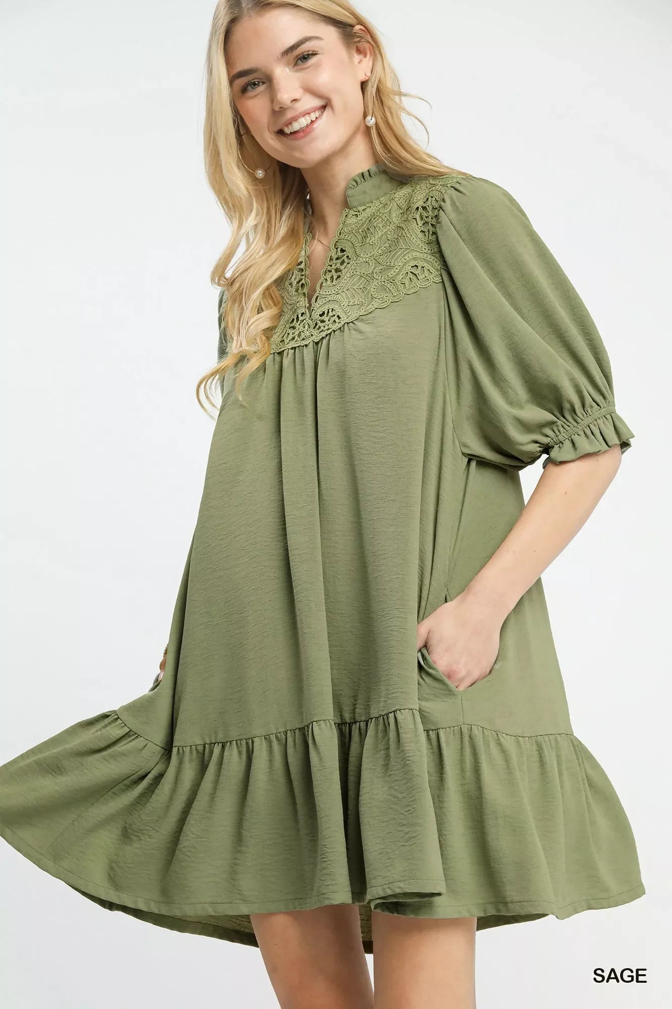 Umgee Lace Yoke Tiered Mini Dress