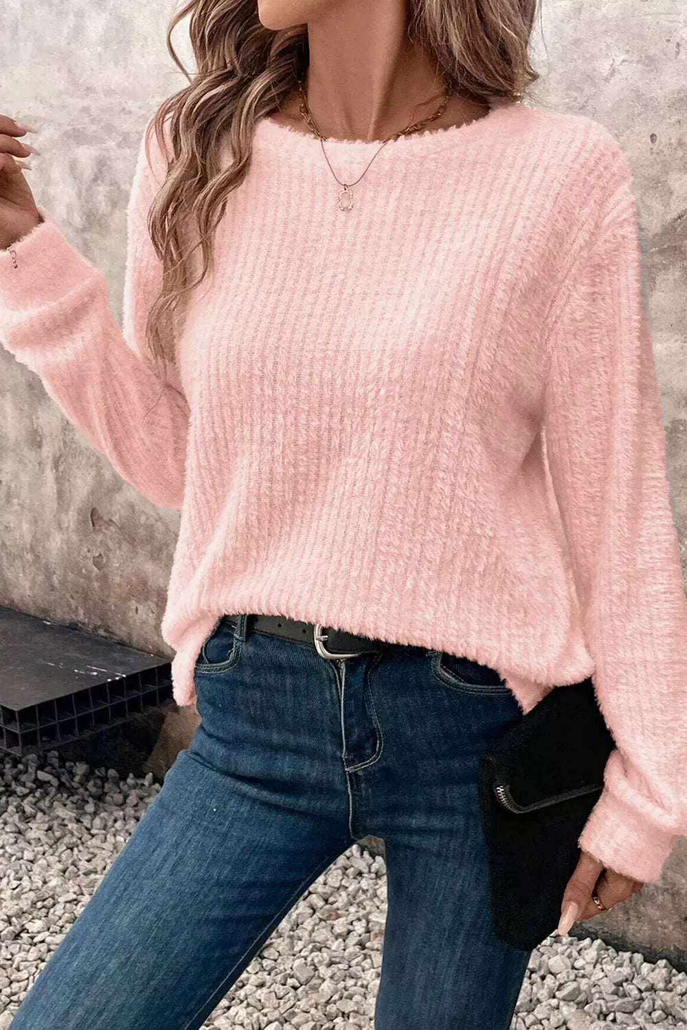 Fuzzy Ribbed Texture Round Neck Long Sleeve Top