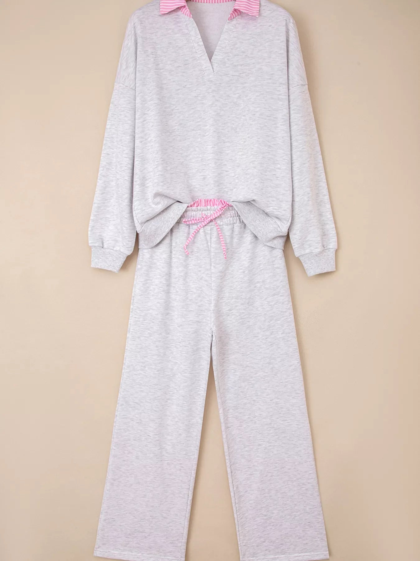 Contrasted Trim Frilled Collar Drop Shoulder Top and Drawstring Pant Set