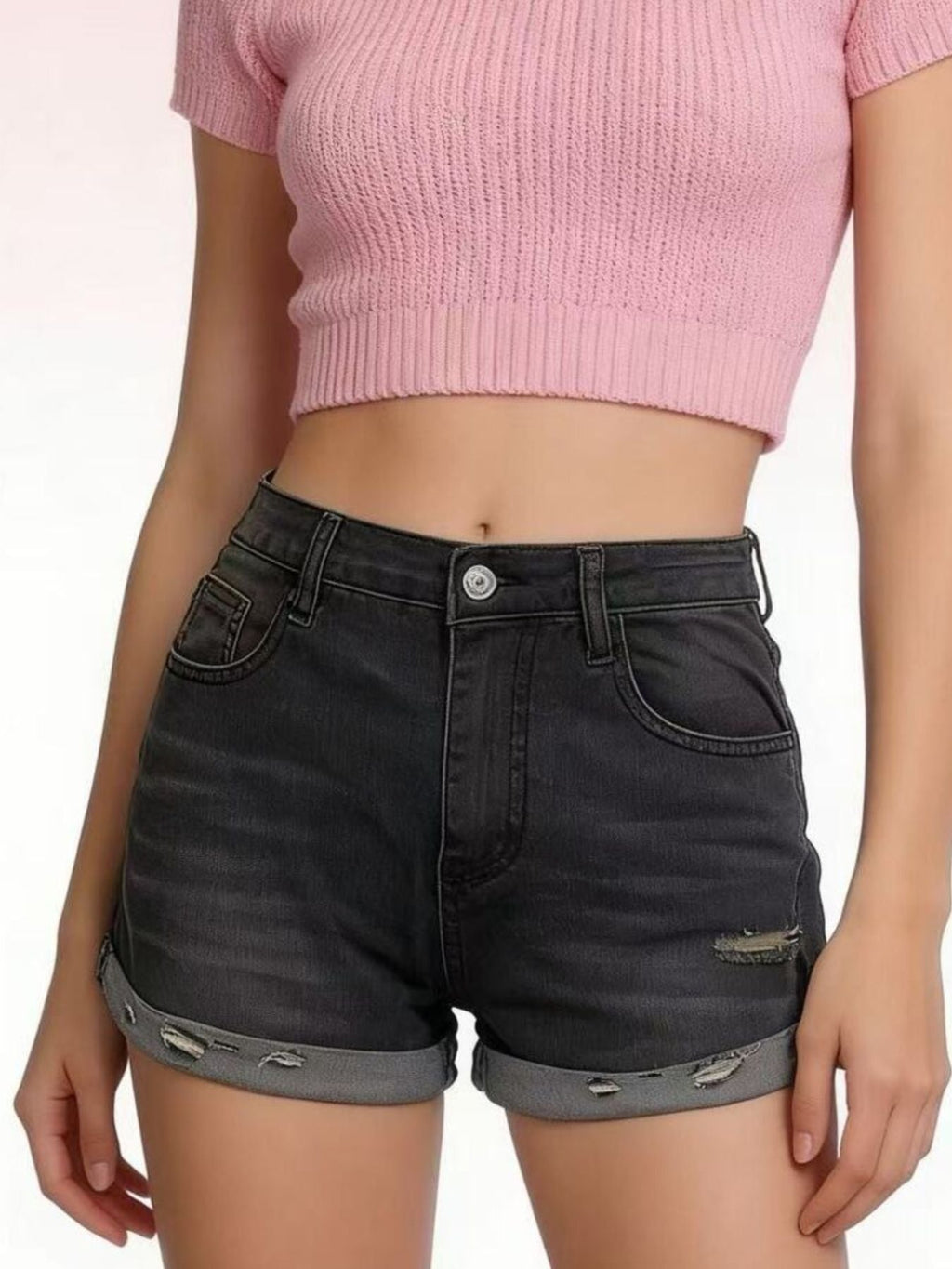 Distressed Denim Roll-Up Shorts