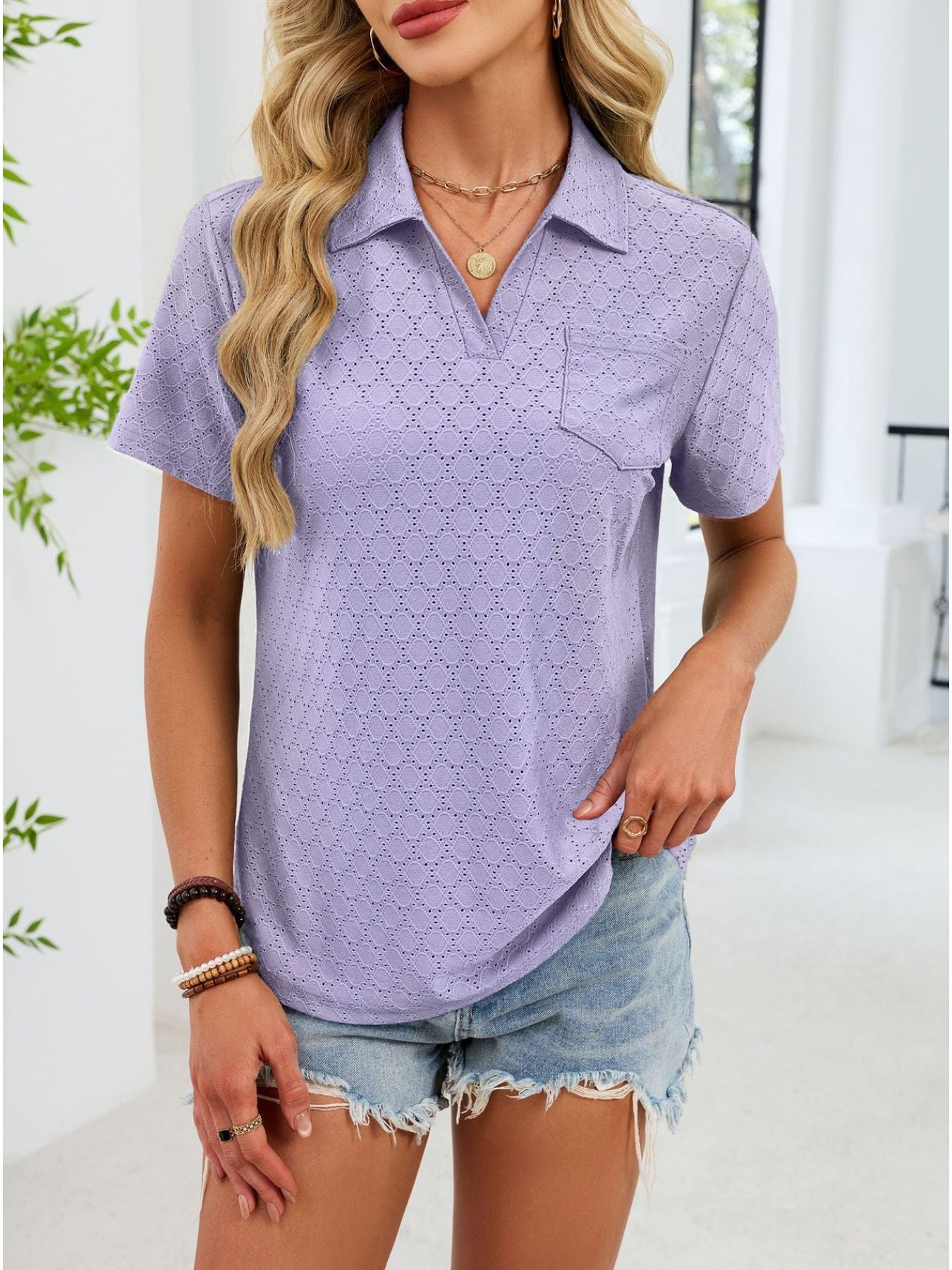 Eyelet Short Sleeve Blouse
