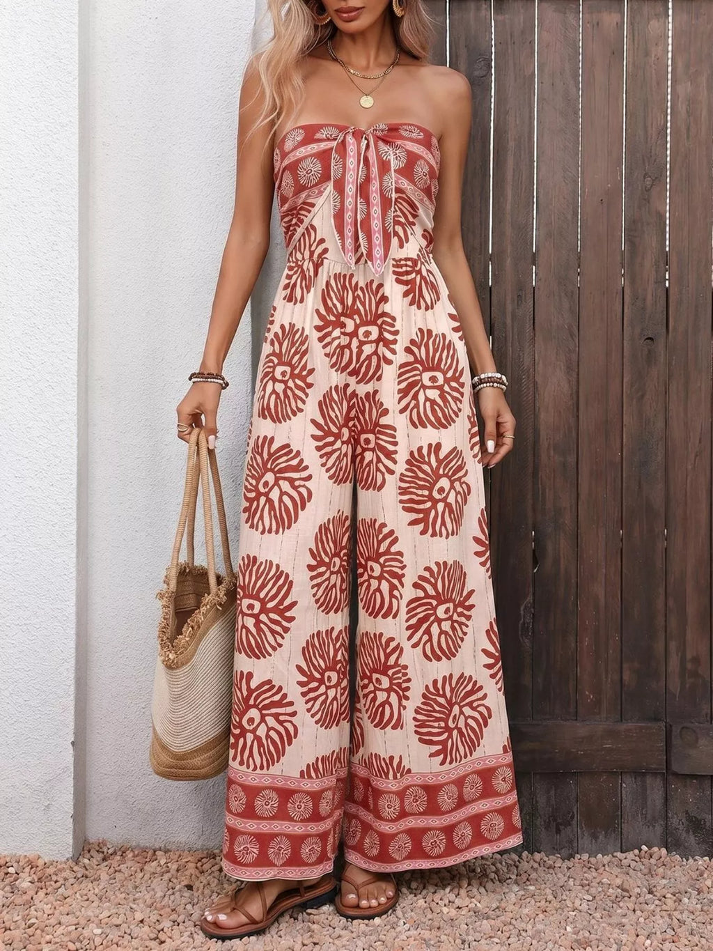 Floral Print Strapless Wide Leg Jumpsuit