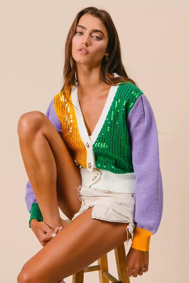 BiBi Mardi Gras Color Block Sequin Sweater Cardigan