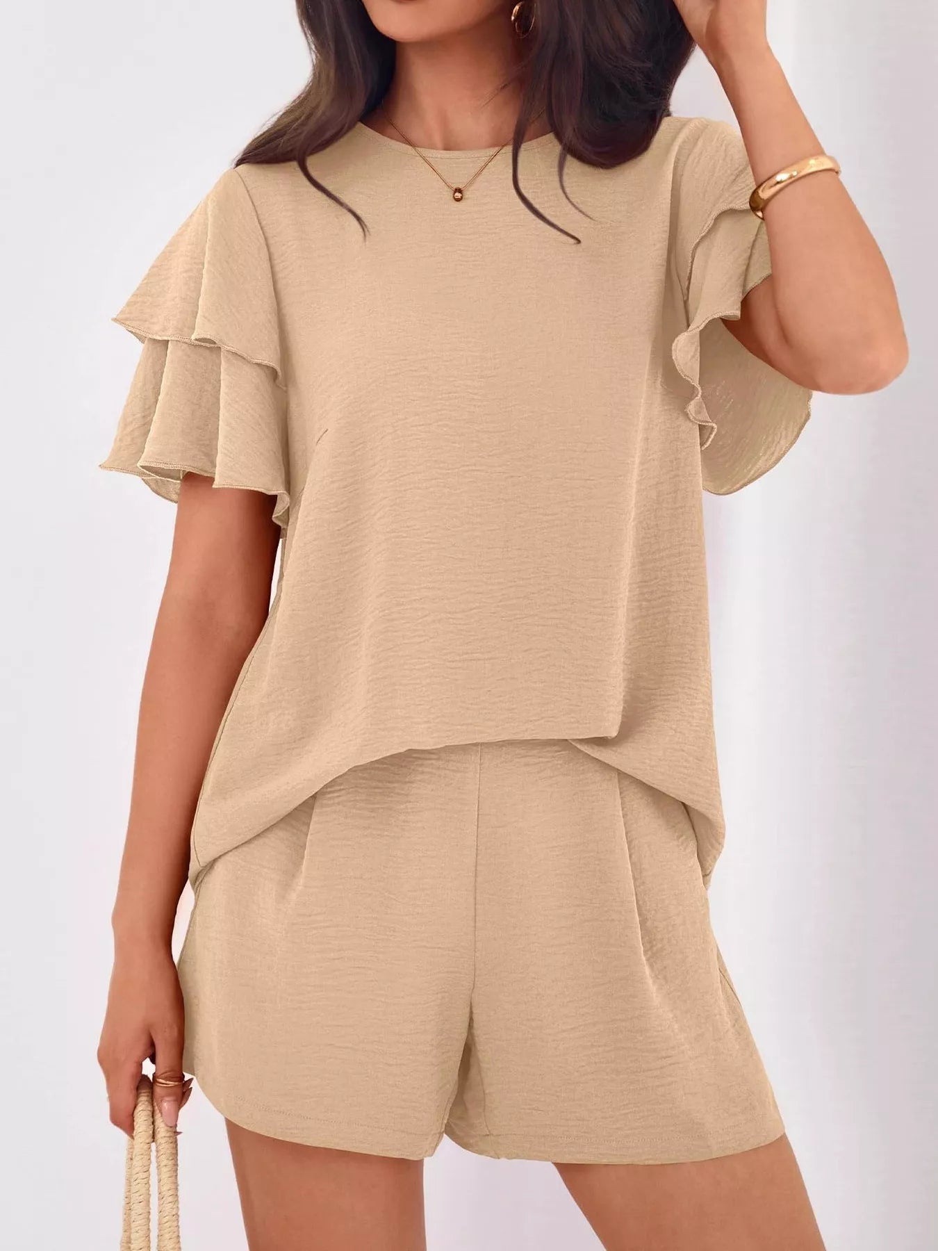 Ruffle Sleeve Top and Shorts Two-Piece Set