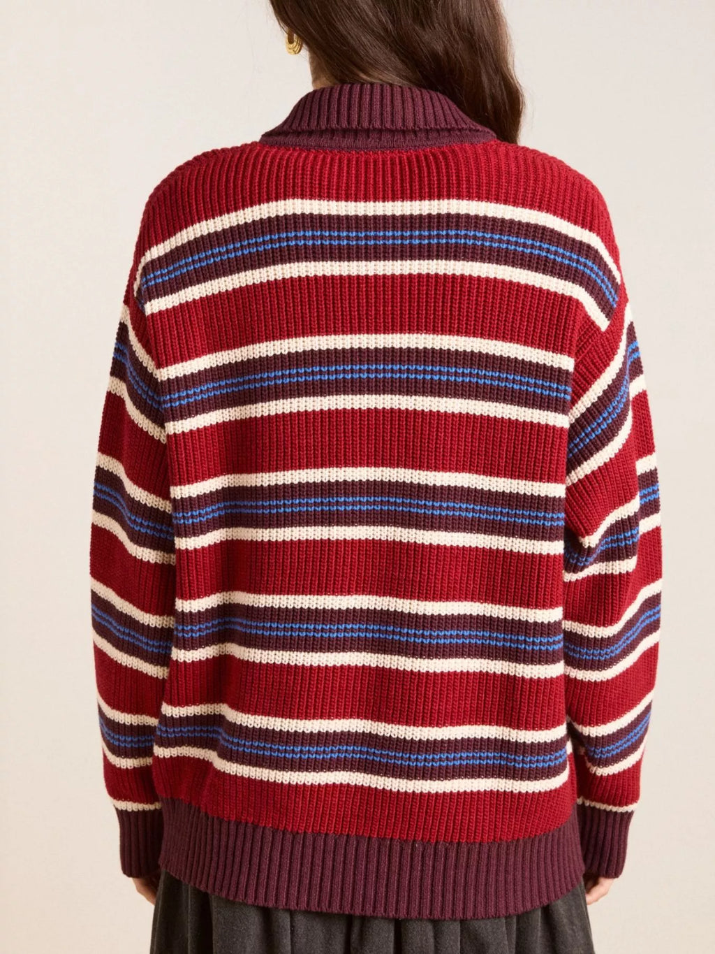 Striped Button Detail Polo Collar Sweater