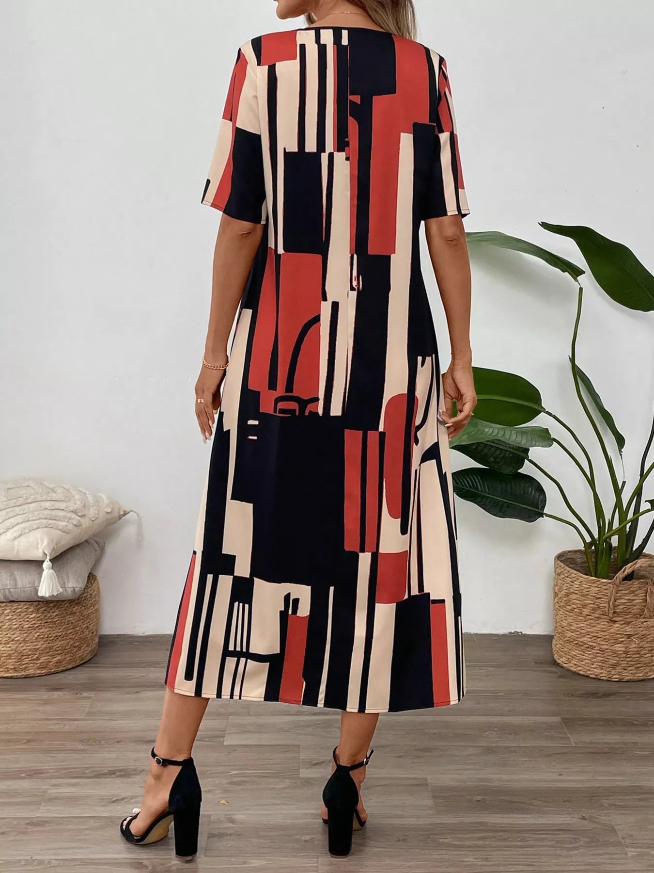 Abstract Geometric Print V-Neck Midi Dress