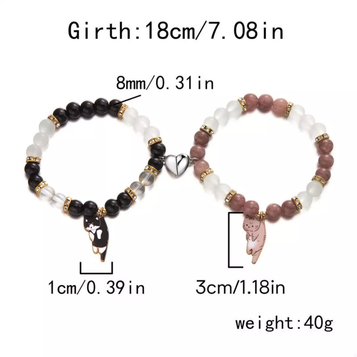 2 Piece Beaded Cat Charm Bracelet