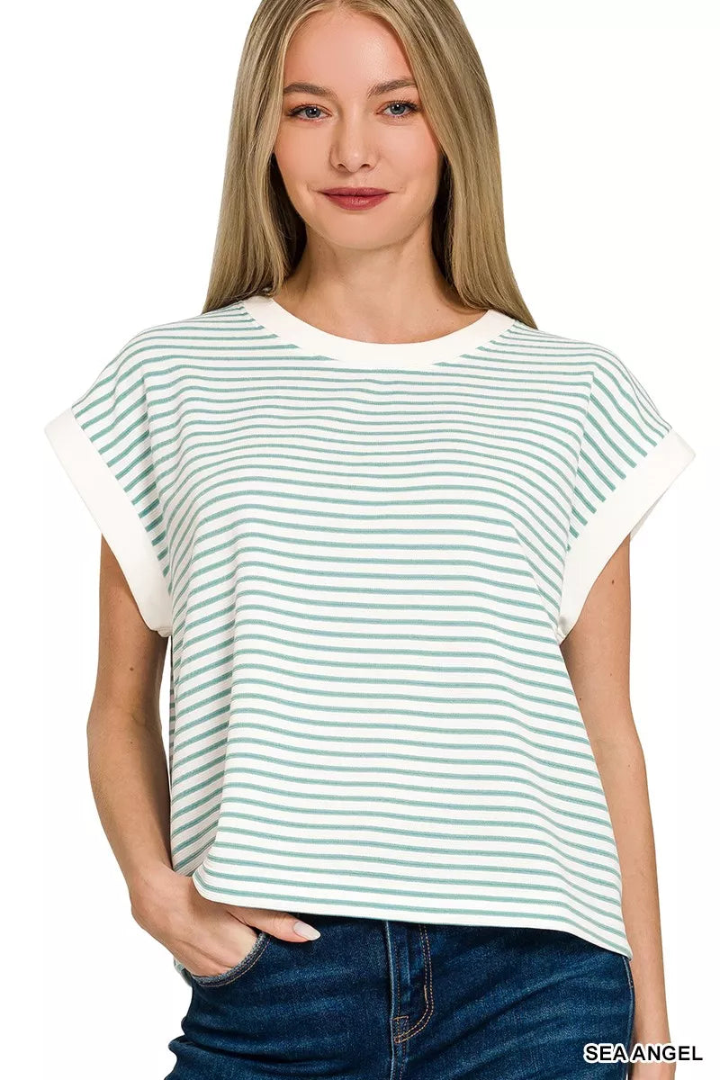 Zenana Stripe Contrast Trim Top & Shorts Set