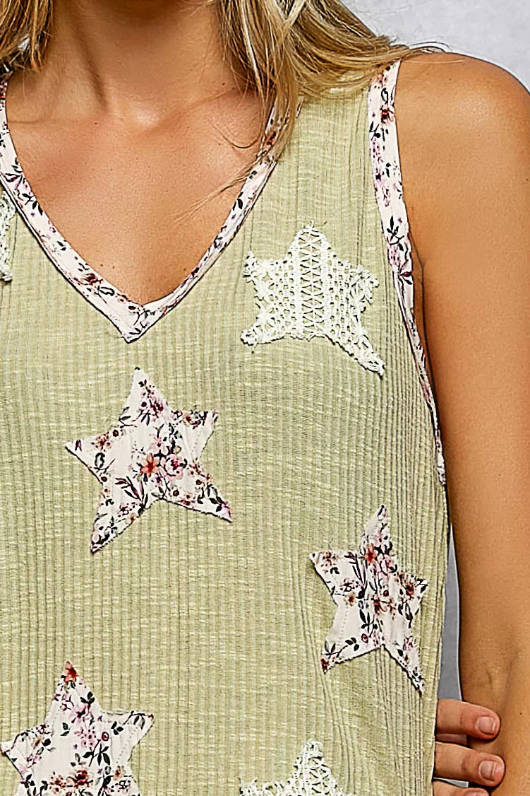 POL Floral Print Star Patch V-Neck Ribbed Tank