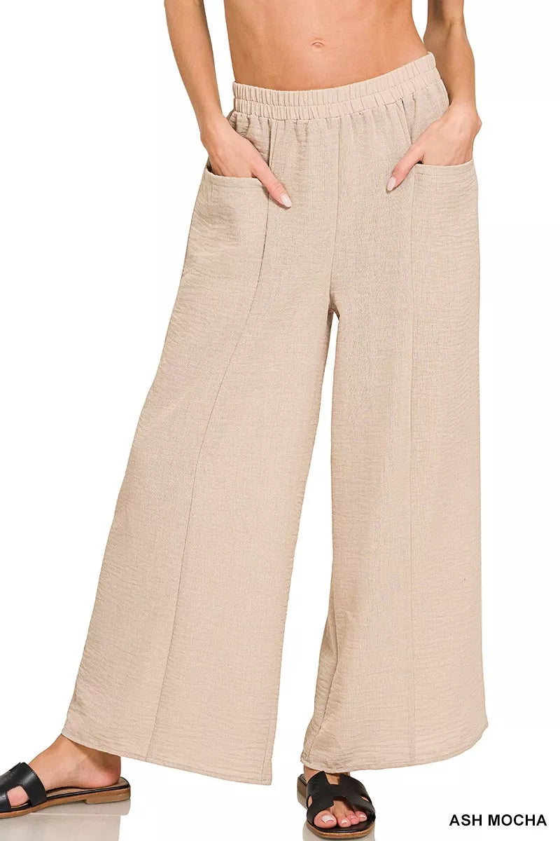 Zenana Woven Airflow Elastic Waistband Pants
