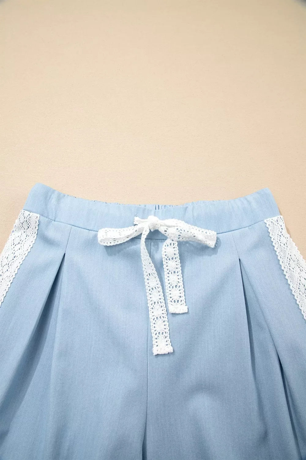 Lace Accent Floral Patched Pocket Pleated Wide Leg Slouchy Pants