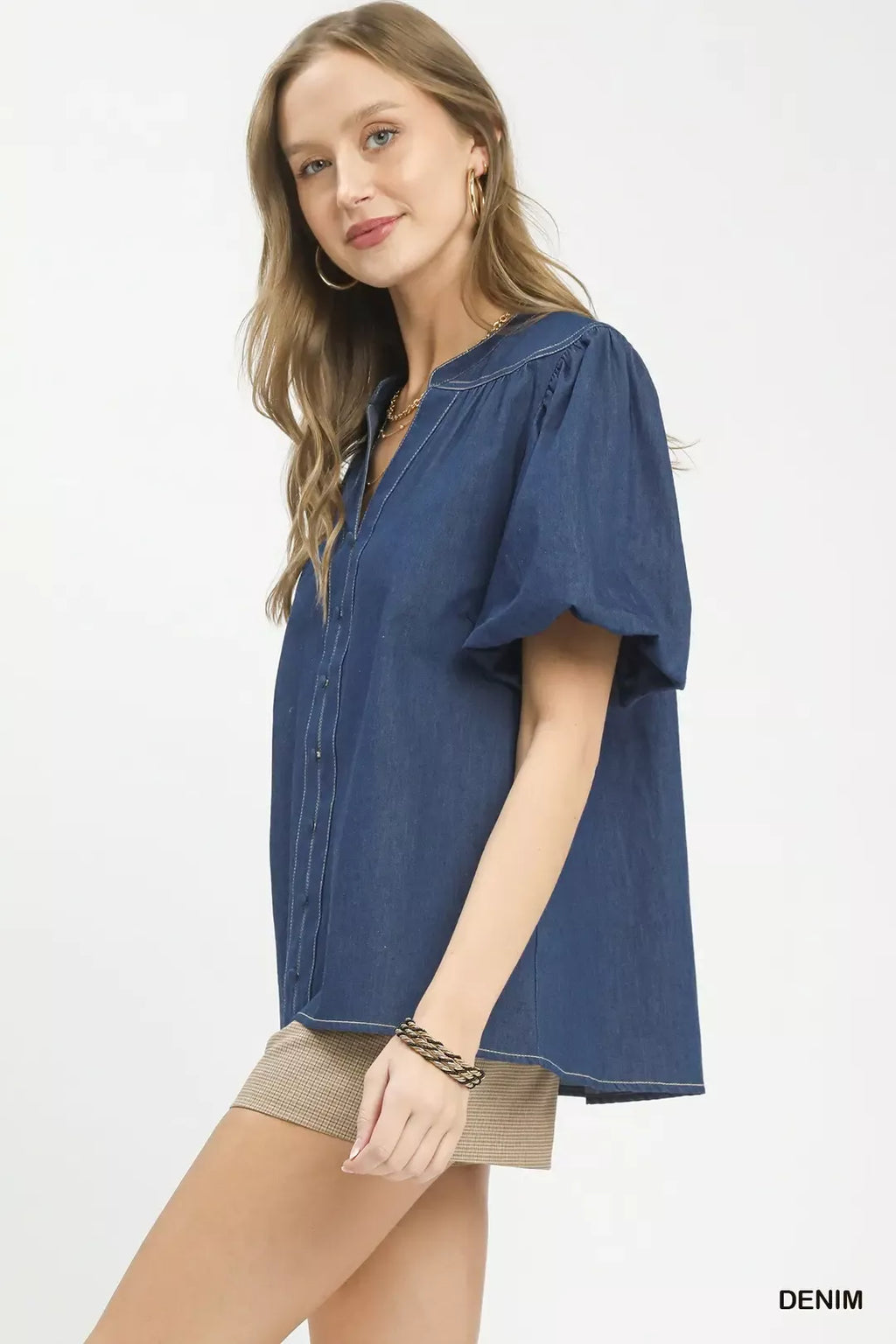 Umgee Denim Button Front Puff Sleeve Boho Blouse