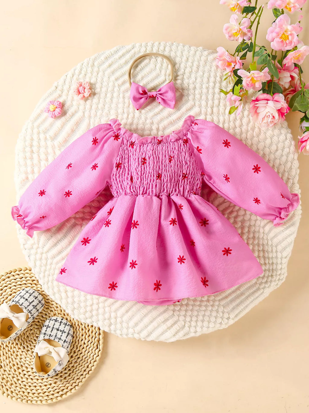 Children's Smocked Floral Print Baby Dress Set with Headband