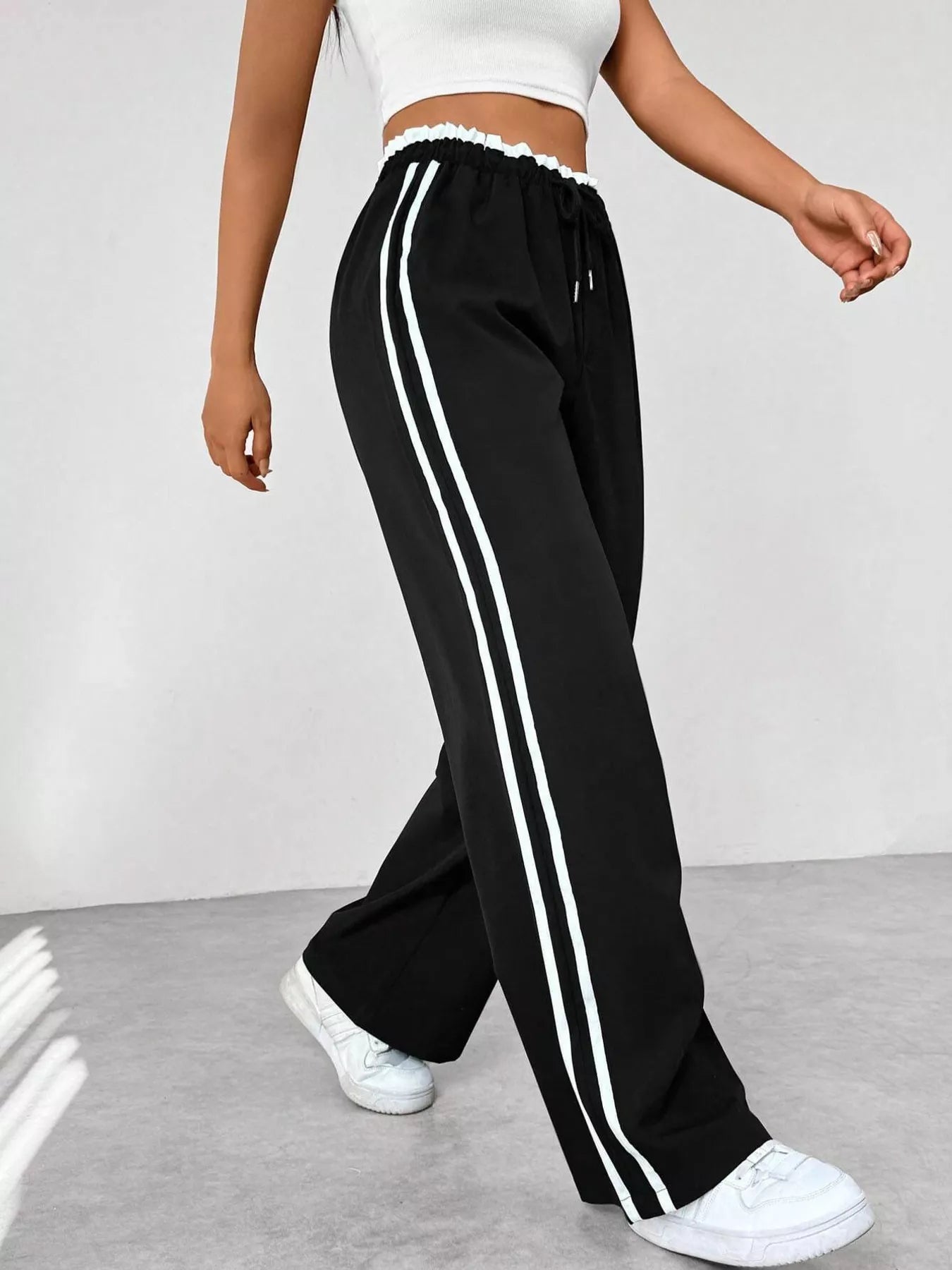 Striped Drawstring Waist Wide Leg Pants