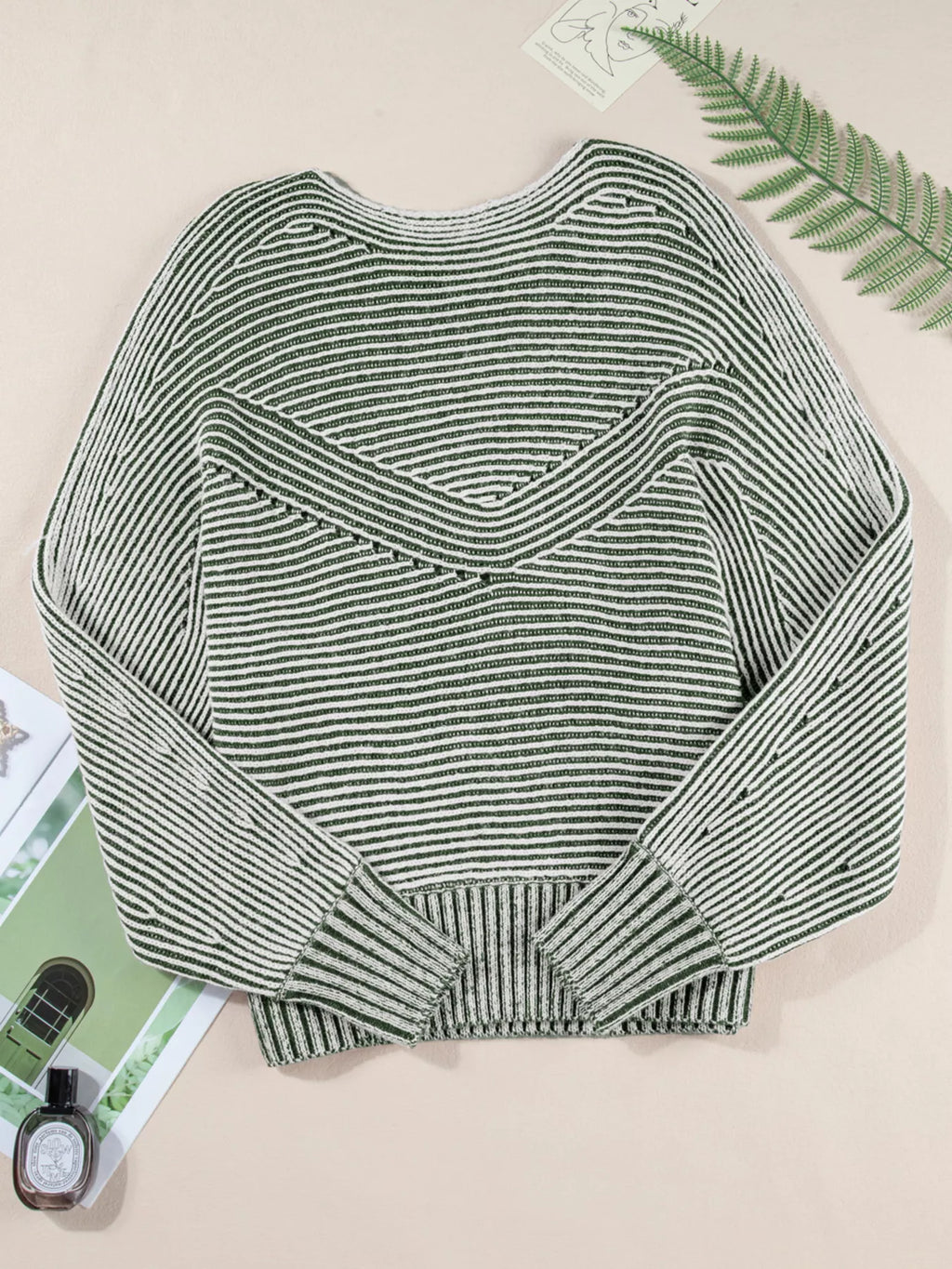 Striped Ribbed Knit Boat Neck Baggy Sweater