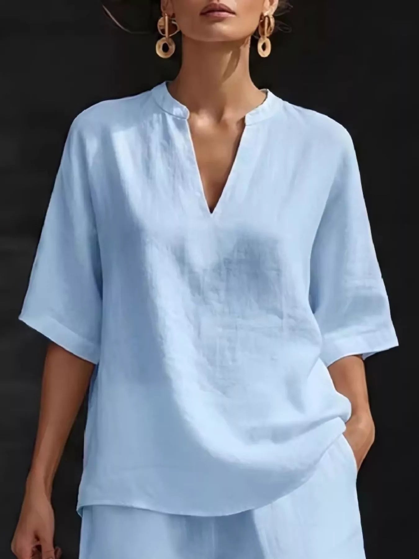 Full Size Notched Half Sleeve Top and Shorts Set Plus Size