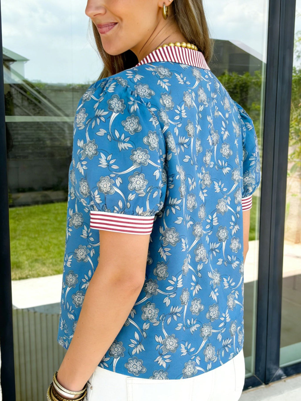 Floral Print Striped Trim Button Neck Short Sleeve Blouse